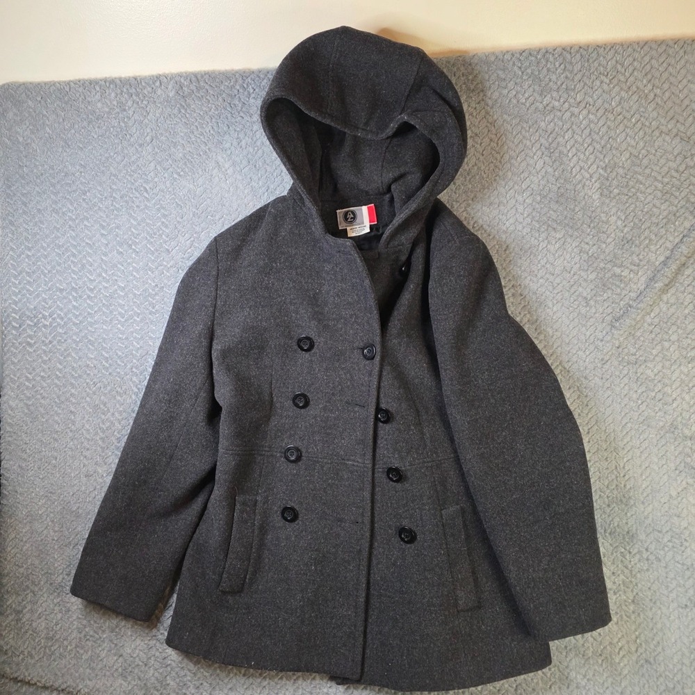 Arizona Jean Co Charcoal Grey 100% Wool Hooded Pea Coat Double Breasted Medium